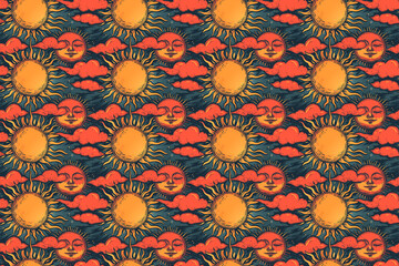 Pattern with Sun Faces and Red Clouds