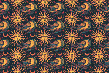 Pattern with Sun Faces and Crescent Moons