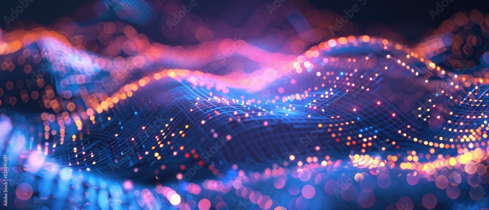 Poster wave of musical sounds abstract background with interweaving of dots and lines 3d rendering design a