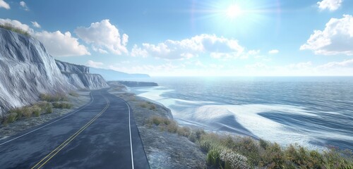 A beautifully detailed 3D model of a winding coastal road with cliffs on one side and the ocean on the other, under a bright, sunny sky 32k, full ultra hd, high resolution