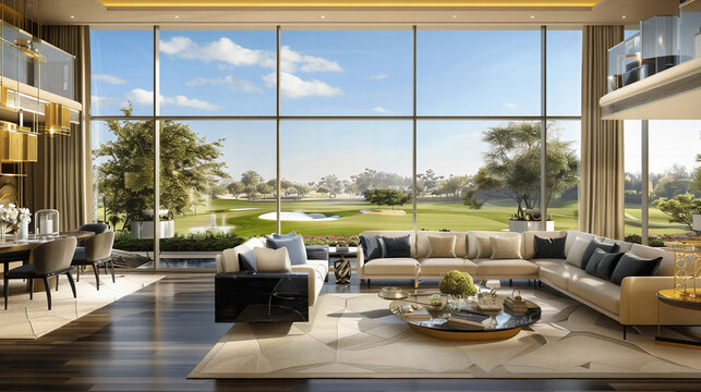 Fototapeta A luxurious living room with a panoramic view of a golf course.