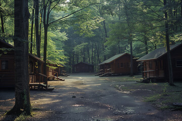 Log Cabin Camp in a Summer Forest, a Picturesque Getaway for Vacation Escapes, Offering Relaxation and Outdoor Exploration amidst Woodland Serenity, Ideal for S