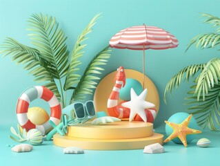 3D cylinder podium used to summer product mockup background, product display, showcase presentation, 3D render illustration,