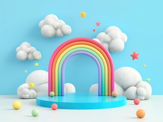 rainbow and cloud with 3d cylinder Podium mockup for product display, Product showcase, product presentation, 3D render illustration,