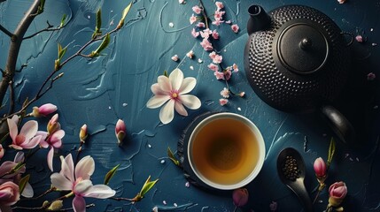 Top view of a classic porcelain mug filled with steaming green tea served alongside a black iron teapot delicate magnolia flowers and cherry blossoms on a dark blue textured backdrop