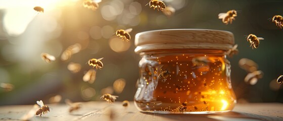 A jar of honey is surrounded by bees flying around it
