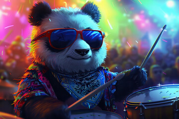 A panda bear wearing sunglasses is energetically playing the drums