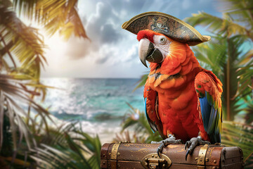 A parrot wearing a pirate hat perched on a trunk