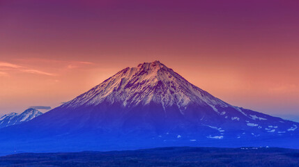 Avachinsky volcano in Kamchatka in the evening in sunset