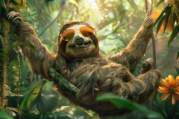 Obraz premium A sloth hangs from a tree branch in the jungle, displaying its slow movement and unique characteristics