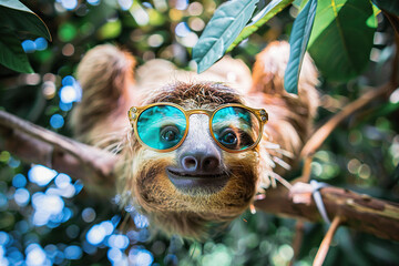 Obraz premium A sloth with sunglasses is hanging from a tree branch