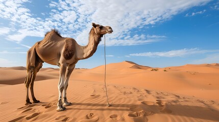 A desert camel with two jumps waking in the sand
