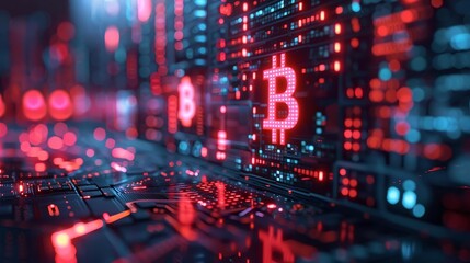 Obraz premium Digital money laundering through cryptocurrency, detailed computer screens, vibrant colors, highresolution, realistic portrayal, cybercrime, complex transactions, modern technology