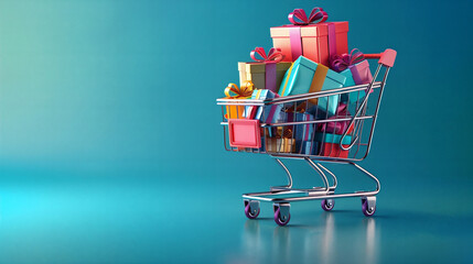A shopping cart filled with colorful wrapped gifts, set against a bright blue background.