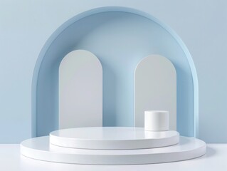 3D white cylinder podium on a blue background, used to festive product display, showcase presentation, product mockup, 3D render illustration, luxury style,