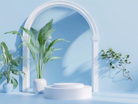 blue Natural background, 3D podium with tree tob, used to product display, mockup, showcase presentation, summer product mockup background, 3D render illustration luxury style,