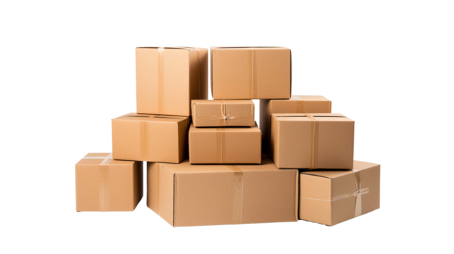 Stack of cardboard boxes isolated on transparent background