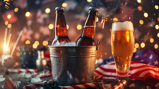 two bottles of beer in an ice bucket with the American flag lying nearby and rockets for fireworks Independence day celebration concept
