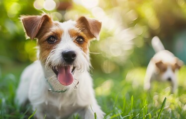 Jack Russell Terrier lying on grass with tongue out. Outdoor pet portrait in natural sunlight