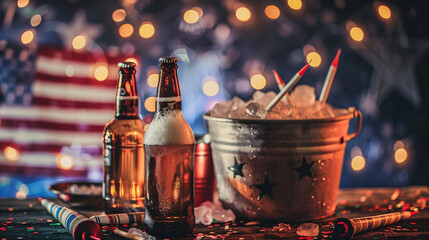two bottles of beer in an ice bucket with the American flag lying nearby and rockets for fireworks Independence day celebration concept