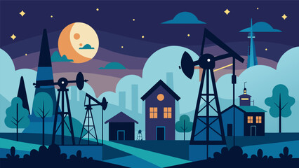 In the quiet of the night the oil derricks rhythmic pumping of oil creates a soothing symphony that lulls local residents to sleep.. Vector illustration