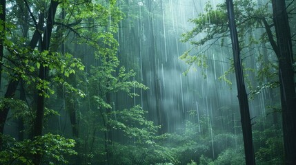 Rainfall in a misty woodland in spring