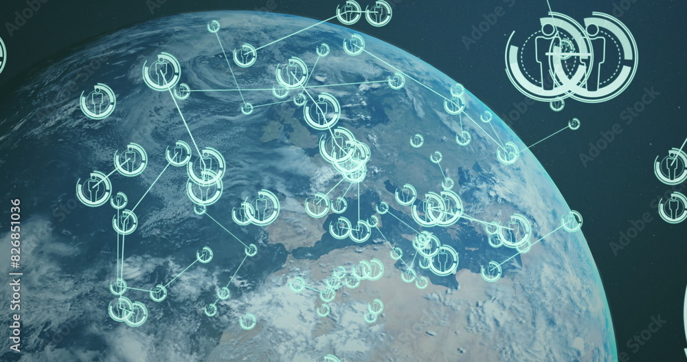 Poster image of icons connected with lines over globe against abstract background