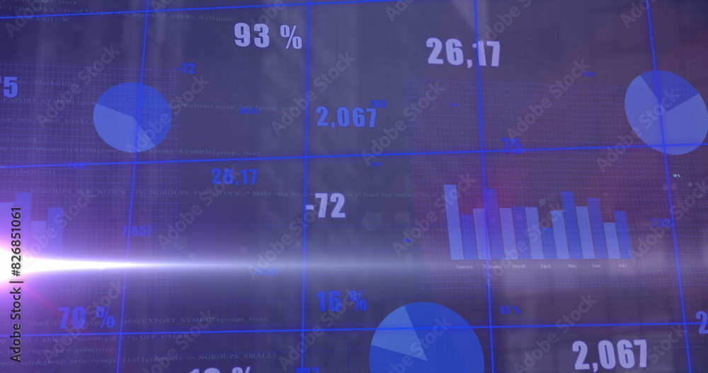 Poster image of statistical data processing and light spot against aerial view of tall building