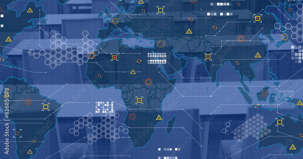 Poster image of data processing with world map over empty desks in office