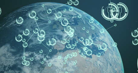 Image of icons connected with lines over globe against abstract background