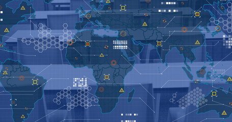Image of data processing with world map over empty desks in office