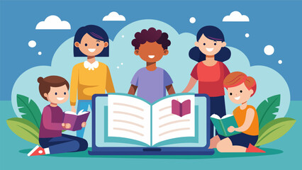An online book club meeting where kids take turns being the ebook tour guide and lead the group through their favorite interactive features in the. Vector illustration