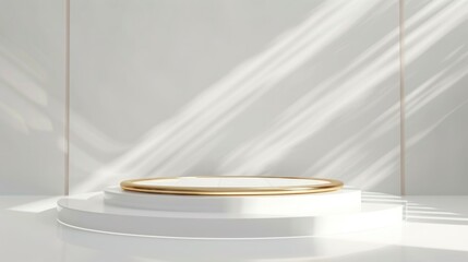 3D cylinder podium with white and gold on a white and gray wall used to product display, mockup, showcase presentation, luxury style,