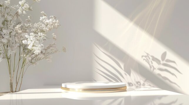 3D cylinder podium with white and gold on a white and gray wall used to product display, mockup, showcase presentation, luxury style,
