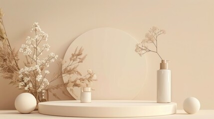 3D cylinder podium with tree leaves and balls on a gray wall used to mockup product display, showcase, luxury style,