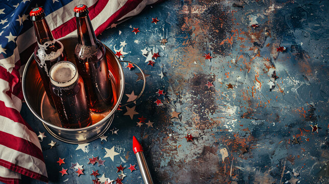 two bottles of beer in an ice bucket with the American flag lying nearby and rockets for fireworks Independence day celebration concept