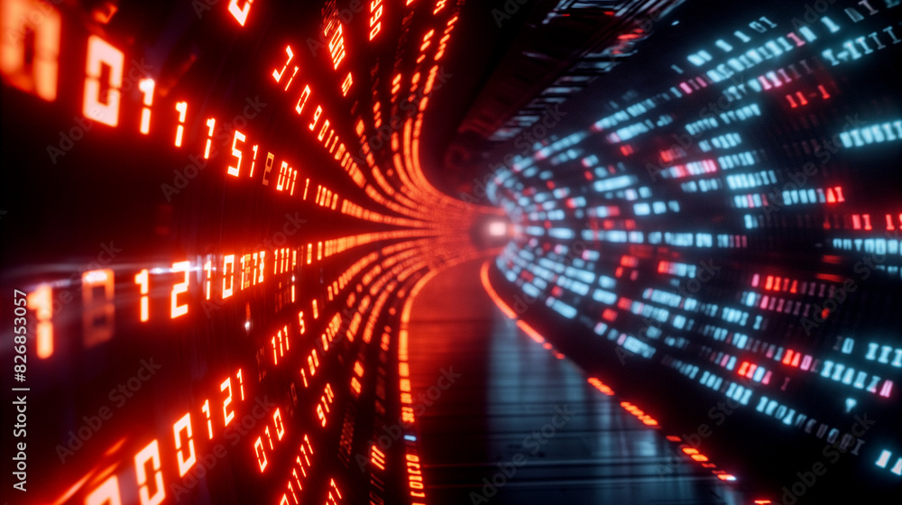 Poster a tunnel of glowing binary codes and circuit lines, futuristic technology background digital cyber t