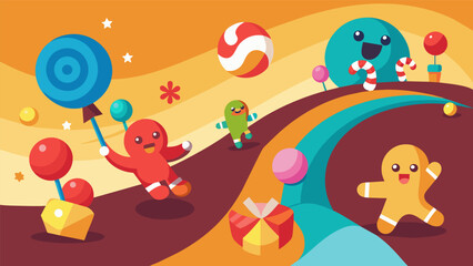 Naklejka premium Racing through a world made entirely of candy competing against a curious mix of gingerbread men and gummy bears.. Vector illustration