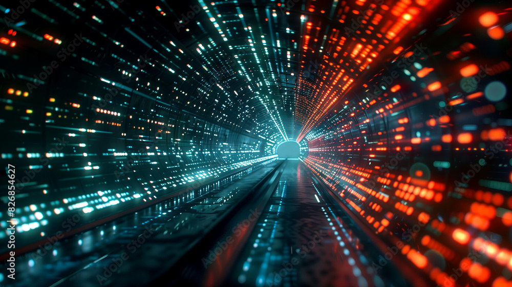 Poster a tunnel of glowing binary codes and circuit lines, futuristic technology background digital cyber t