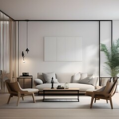 Modern minimalist living room with white walls and wooden furniture2