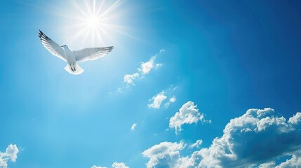 Fototapeta premium A bright blue sky with a single bird flying high, symbolizing freedom and tranquility