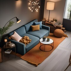 Overhead shot of a cozy living room with a knitted blanket and pillows5