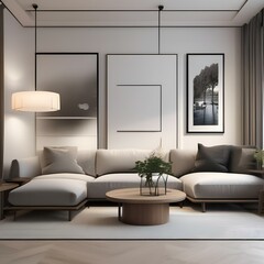 Modern minimalist living room with white walls and wooden furniture1