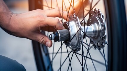 Fototapeta premium Man Assembling a Bike Wheel Axle: Close-up of an unrecognizable man's hands skillfully assembling a bike wheel axle, with tools and bike parts visible