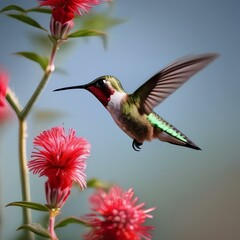 Close up of a hummingbird hovering near a red flower3