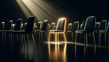 A row of black chairs in a dark room with a spotlight highlighting one chair, creating a dramatic and mysterious ambiance.