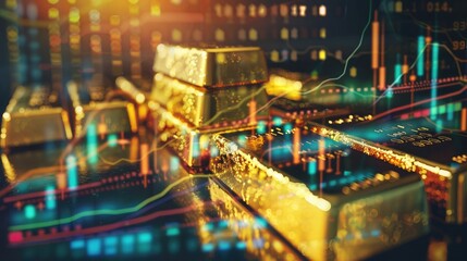 A conceptual image of gold bars overlaid with investment performance graphs, depicting financial growth and stability - Powered by Adobe