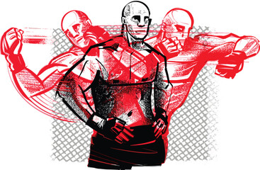 vector sketch a fighter in a cage stands calm in the center of the Pentagon with his projections of blows and kicks 