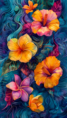 Hibiscus Harmony: A Vibrant Watercolor Dance of Orange and Purple Flowers