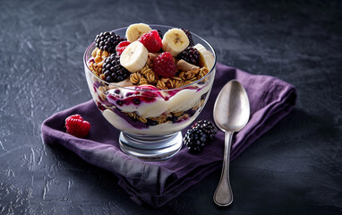 a glass bowl of yogurt with berries and a spoon on a napkin